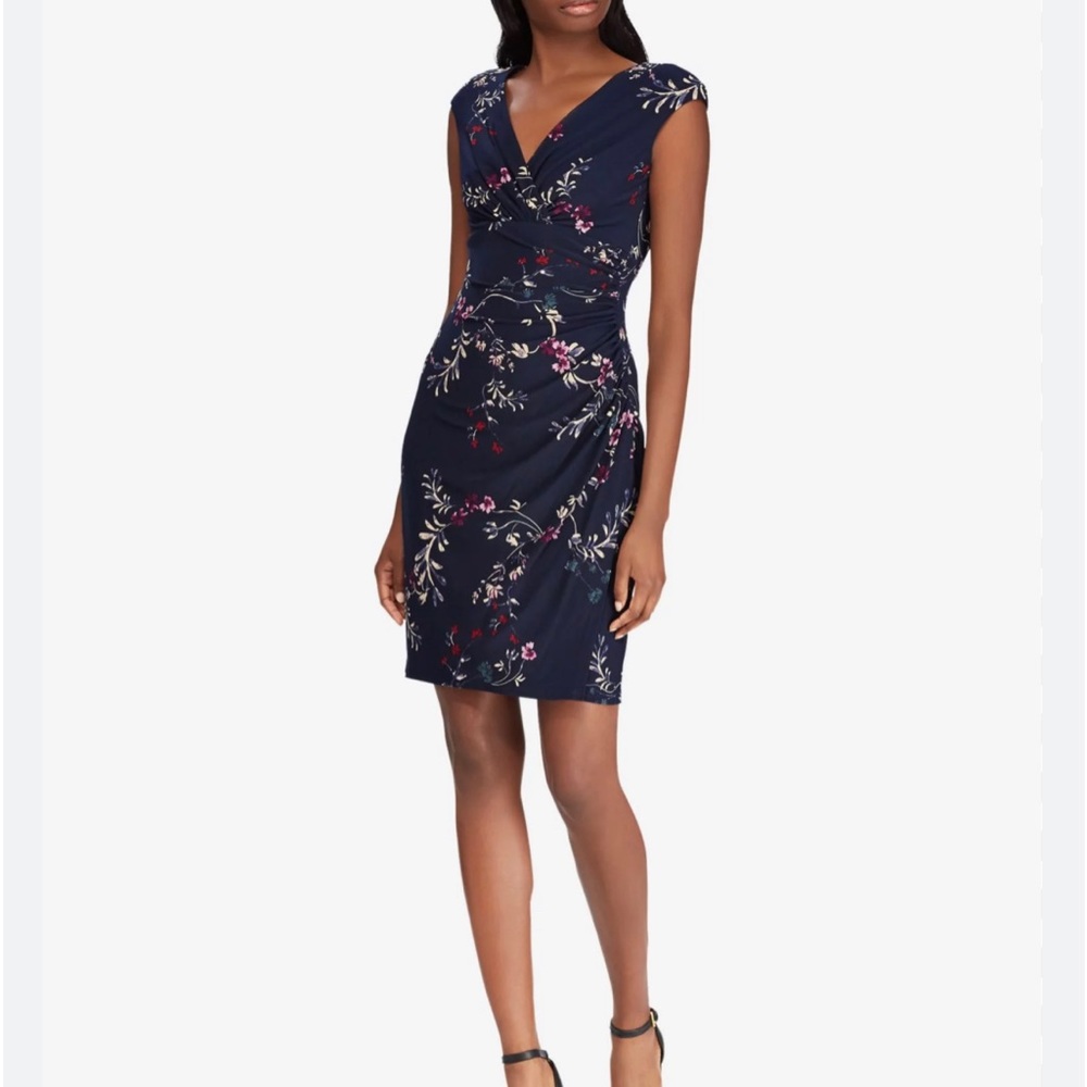 Lauren By Ralph Lauren Women's Floral-Print Ruched Dress EUC size 10P petite - Picture 2 of 6